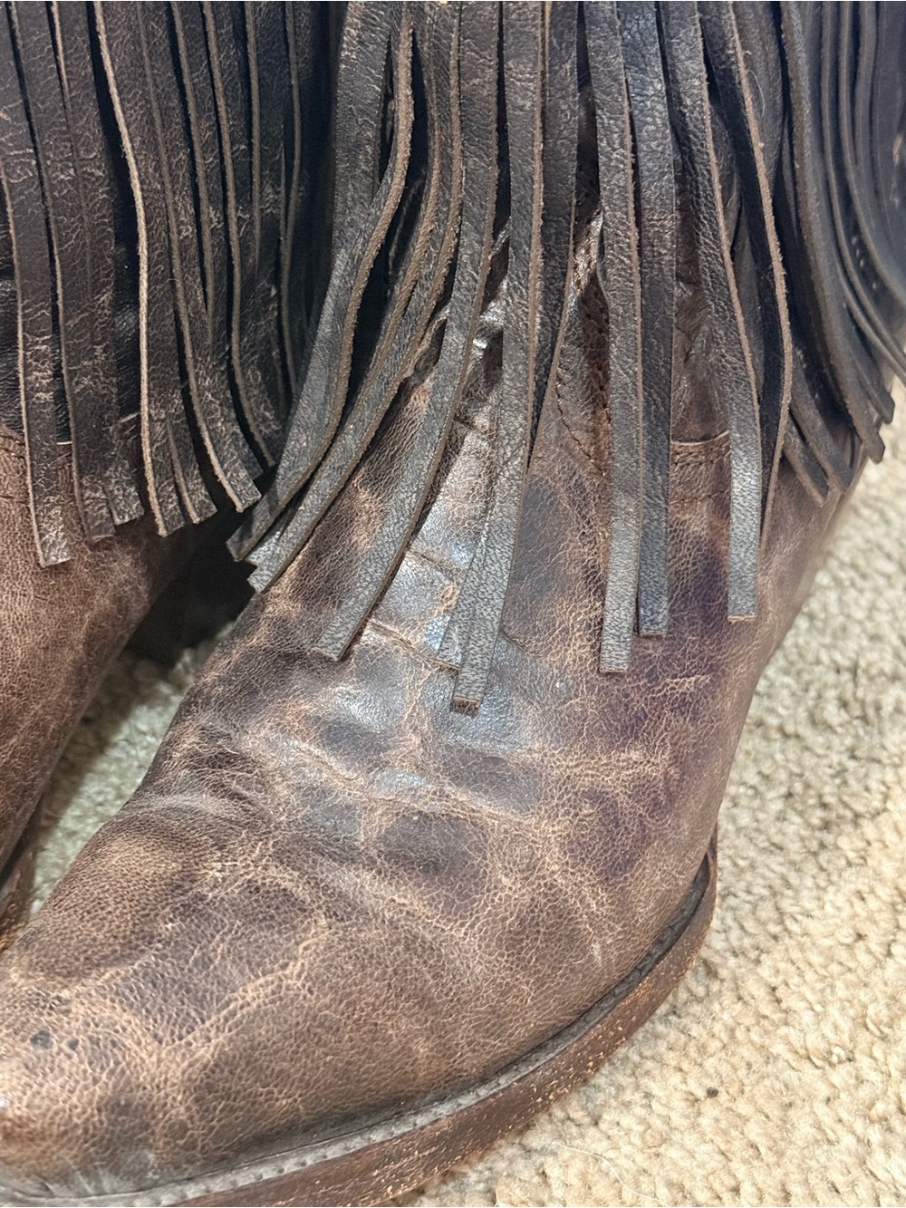 Fringe Western Ankle Boots in Distressed Brown. Vaccari - Picture 2 of 6